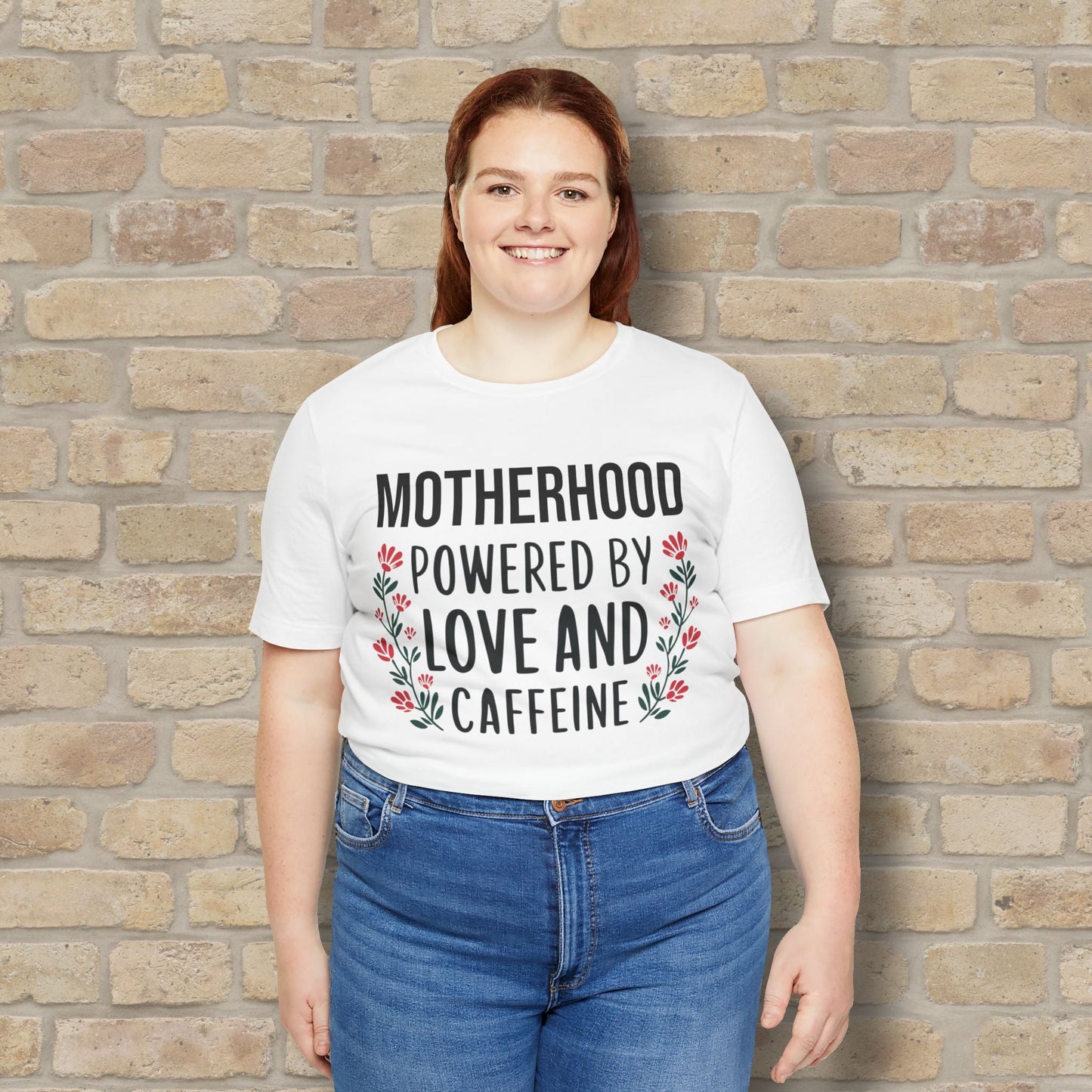 T-Shirt Motherhood: Powered by Love and Caffeine Tee - Vibrant Styles