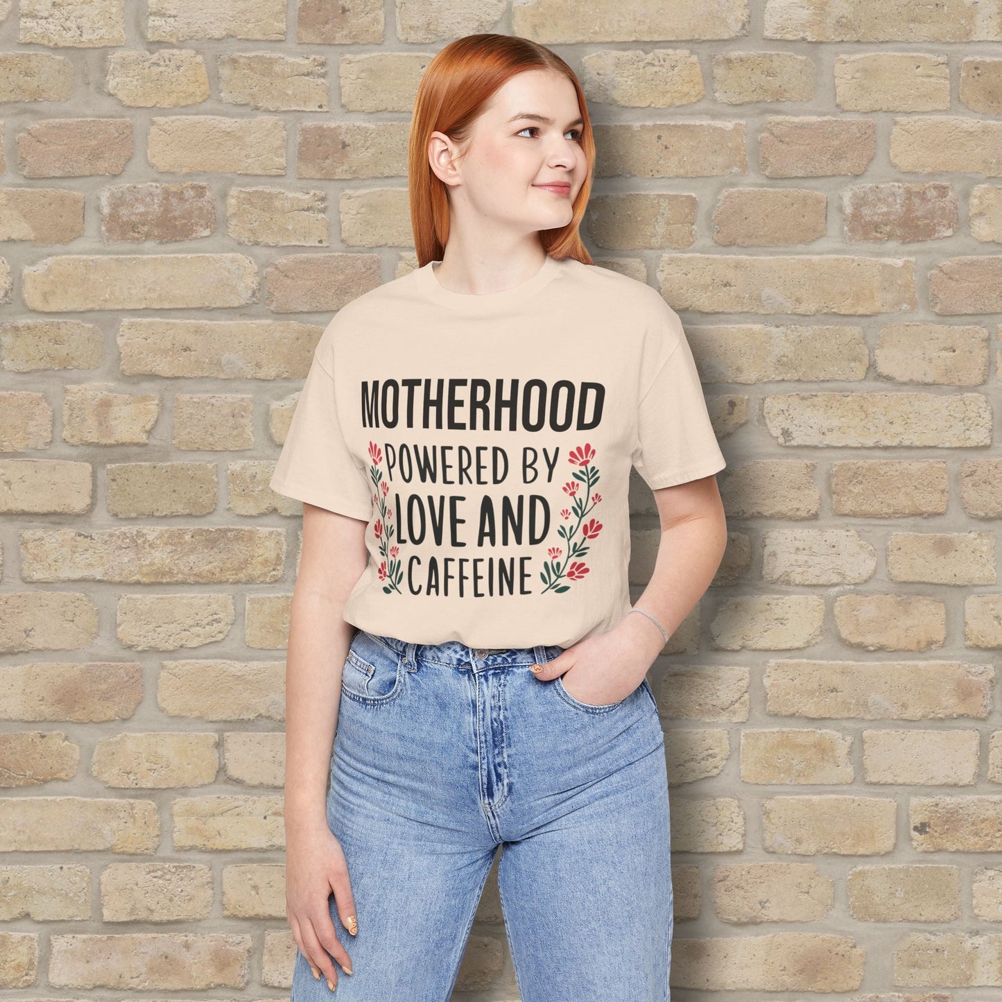 T-Shirt Motherhood: Powered by Love and Caffeine Tee - Vibrant Styles