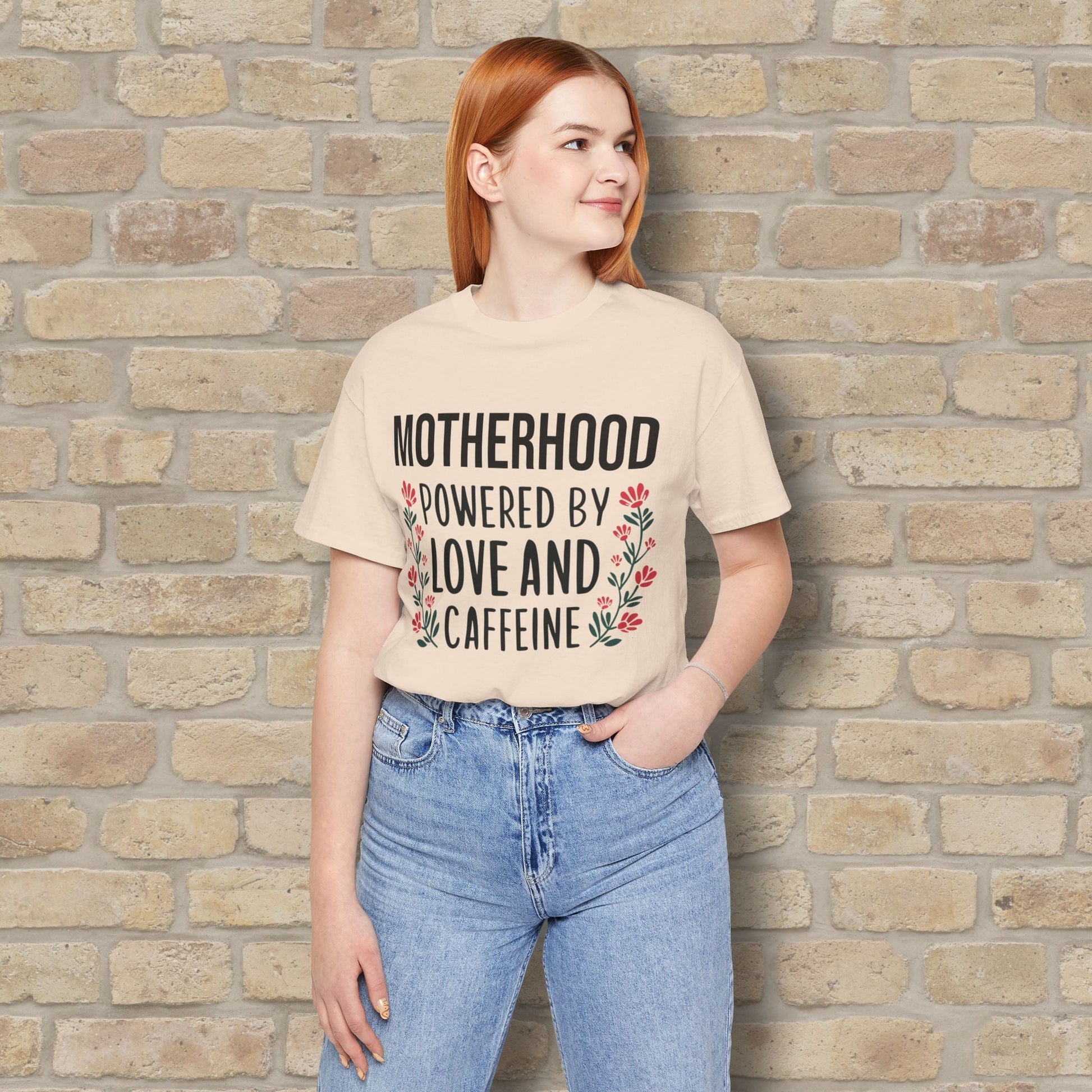 T-Shirt Motherhood: Powered by Love and Caffeine Tee - Vibrant Styles