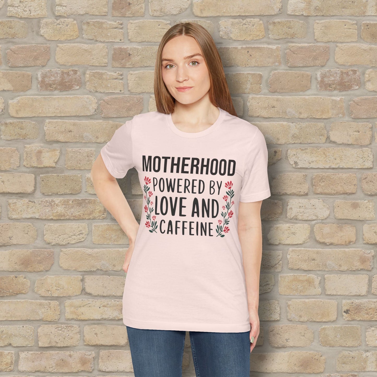 T-Shirt Motherhood: Powered by Love and Caffeine Tee - Vibrant Styles