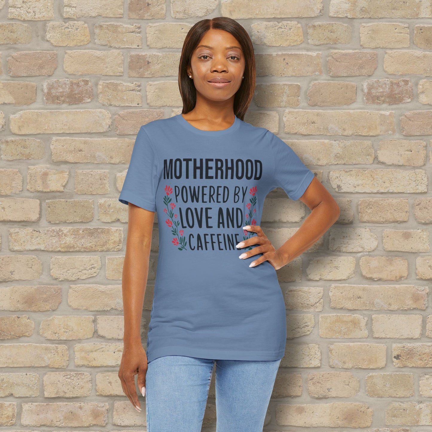 T-Shirt Motherhood: Powered by Love and Caffeine Tee - Vibrant Styles
