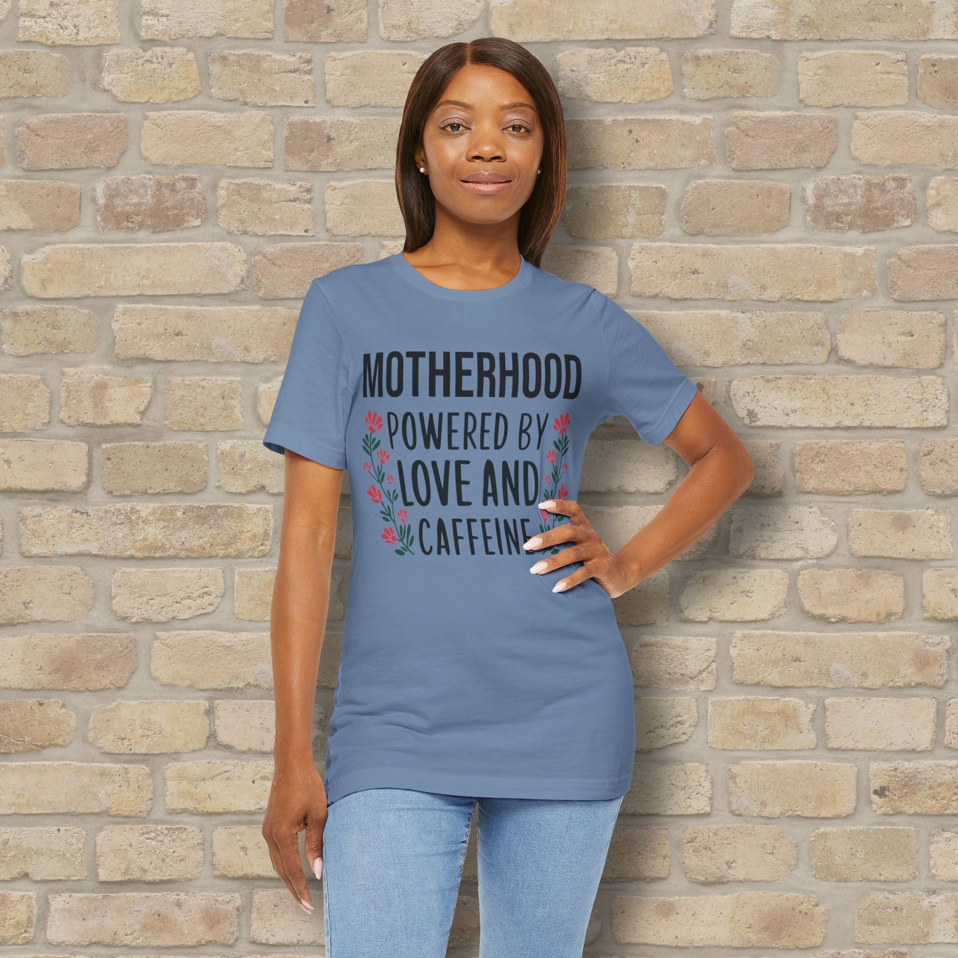 T-Shirt Motherhood: Powered by Love and Caffeine Tee - Vibrant Styles