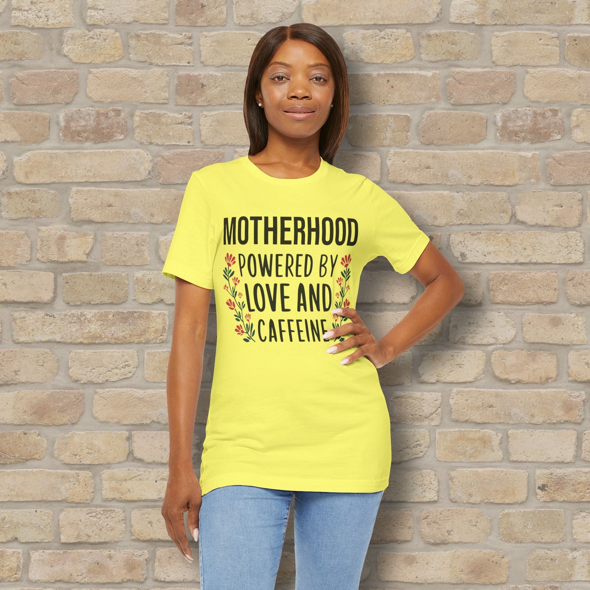 T-Shirt Motherhood: Powered by Love and Caffeine Tee - Vibrant Styles