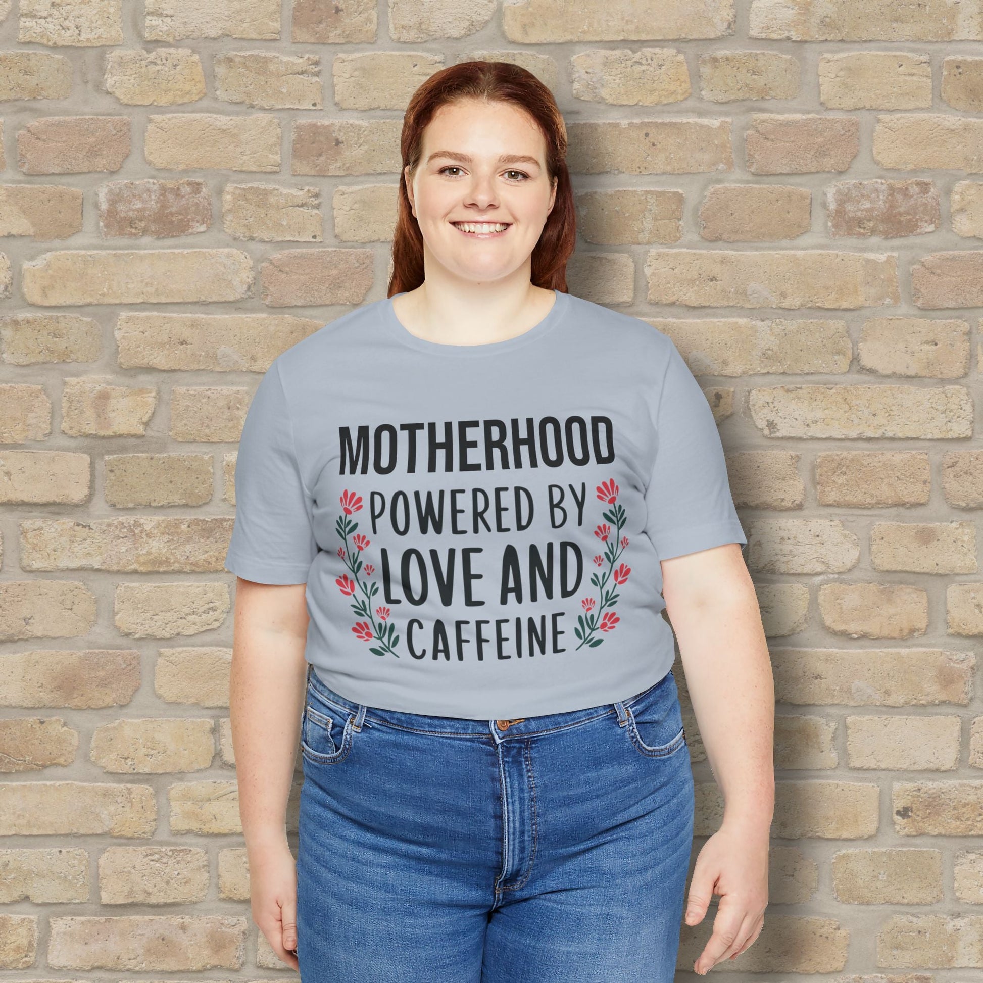 T-Shirt Motherhood: Powered by Love and Caffeine Tee - Vibrant Styles