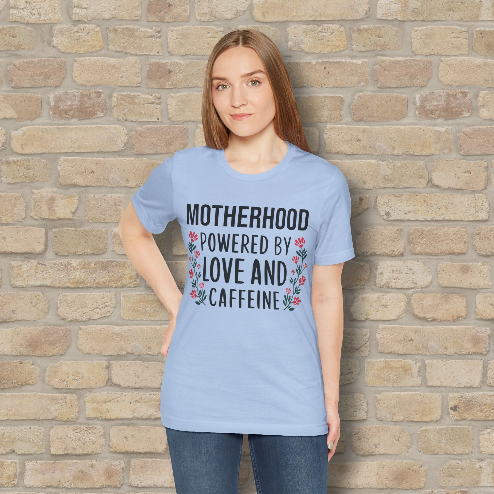 T-Shirt Motherhood: Powered by Love and Caffeine Tee - Vibrant Styles
