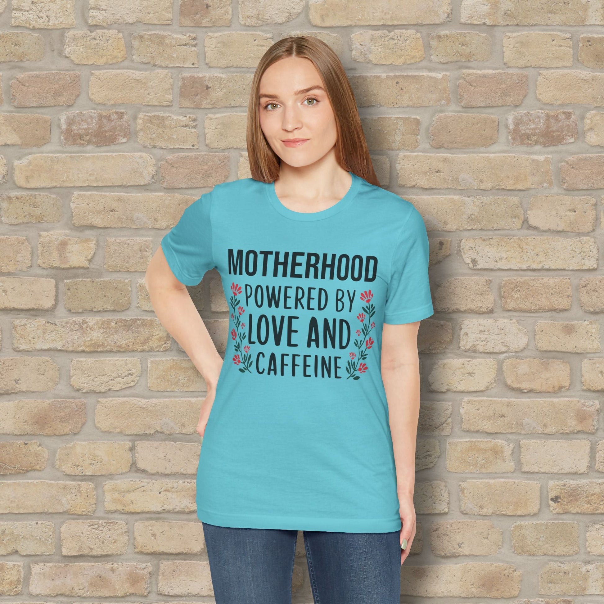 T-Shirt Motherhood: Powered by Love and Caffeine Tee - Vibrant Styles