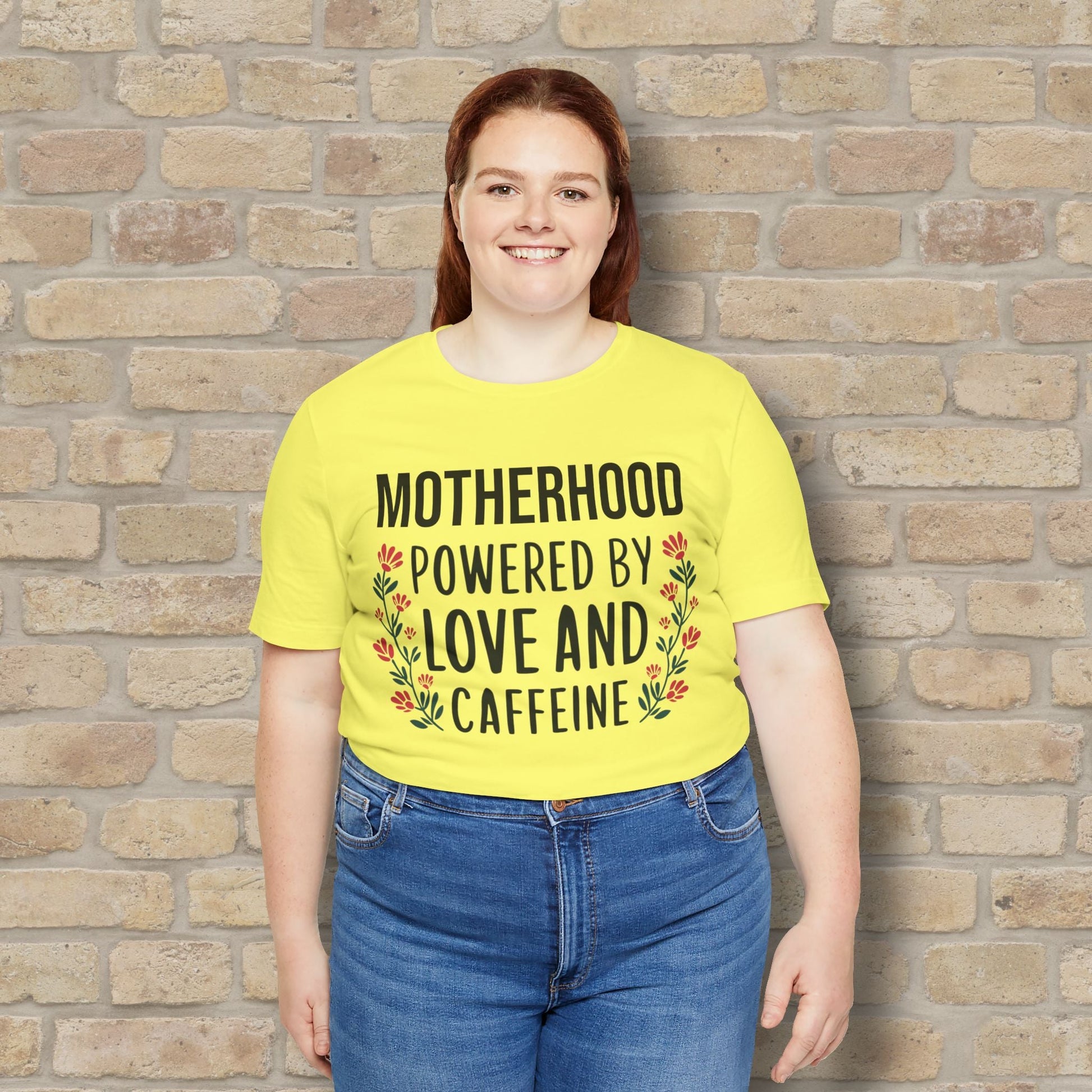 T-Shirt Motherhood: Powered by Love and Caffeine Tee - Vibrant Styles