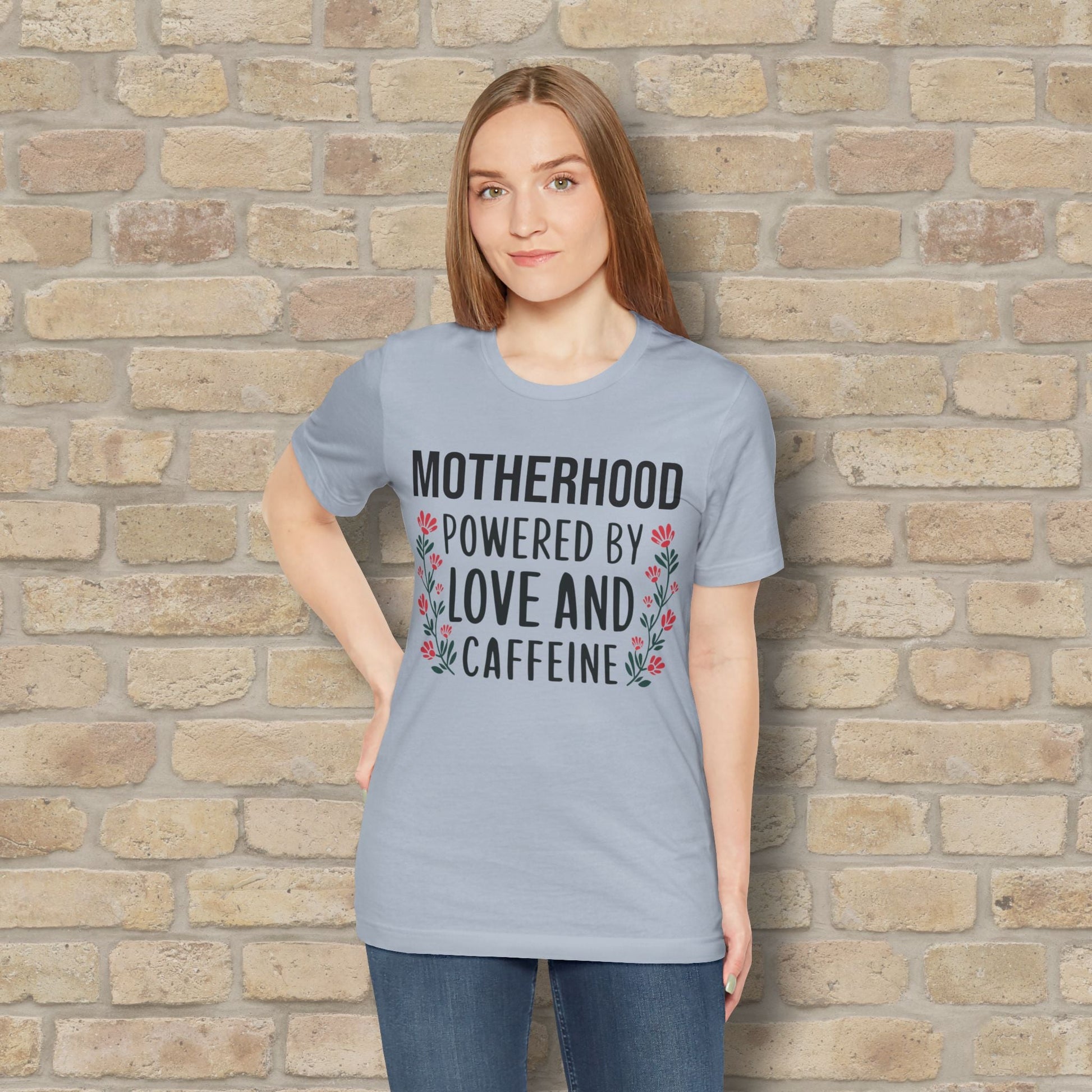 T-Shirt Motherhood: Powered by Love and Caffeine Tee - Vibrant Styles