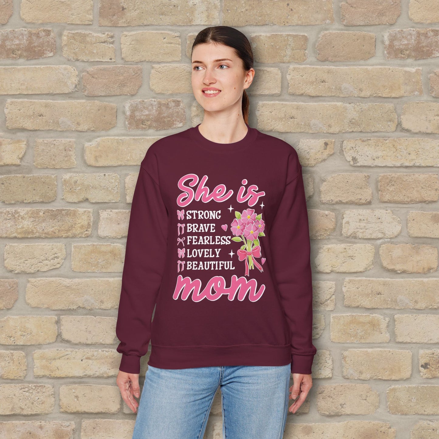 Graphic & Text She Is Mom Attributes & Bouquet Sweatshirt - Vibrant Styles