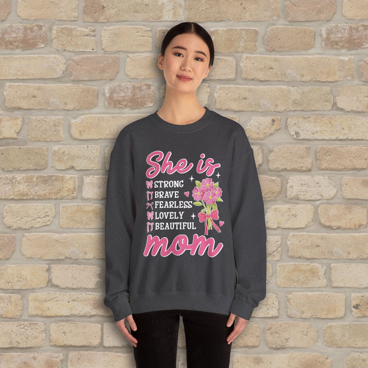 Graphic & Text She Is Mom Attributes & Bouquet Sweatshirt - Vibrant Styles