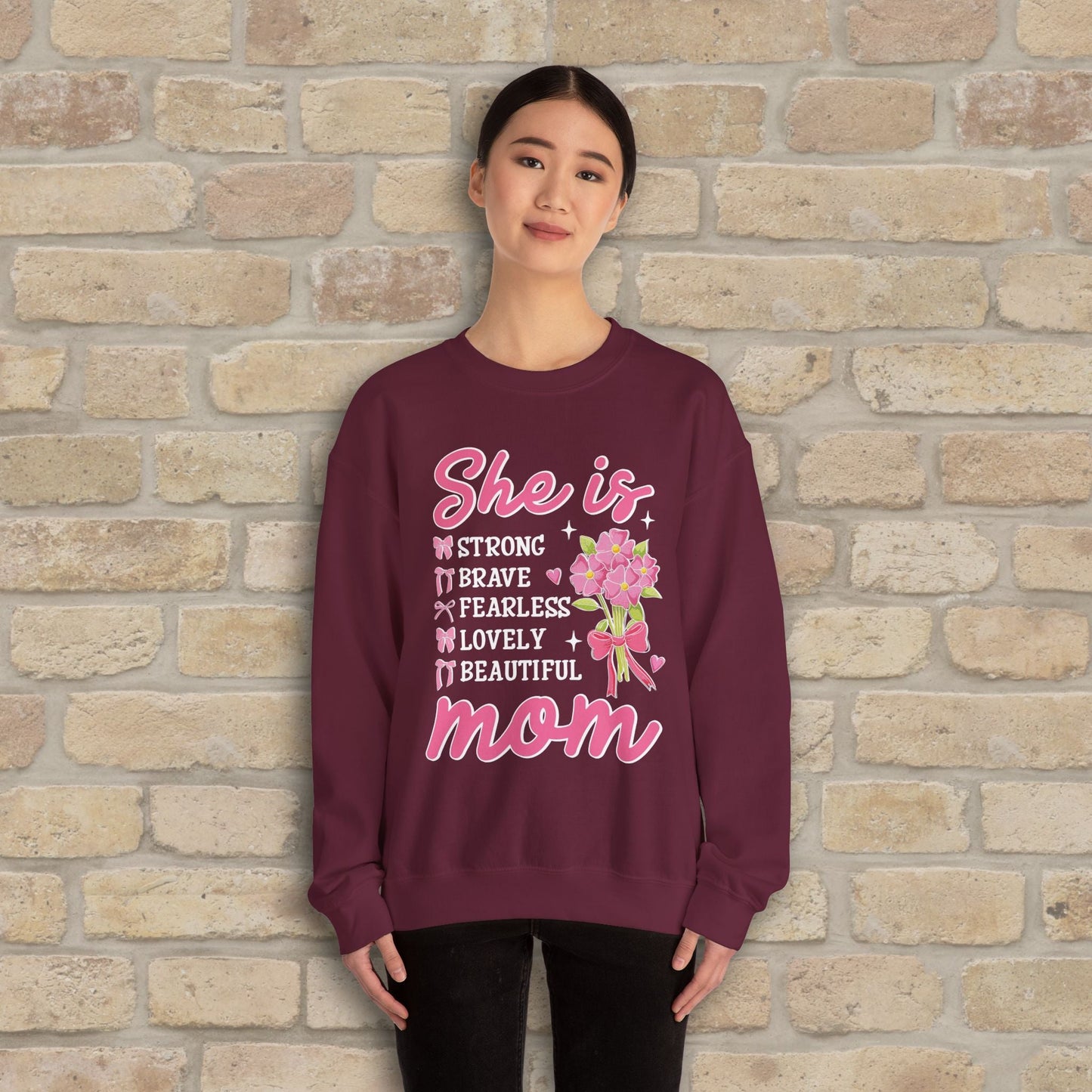 Graphic & Text She Is Mom Attributes & Bouquet Sweatshirt - Vibrant Styles