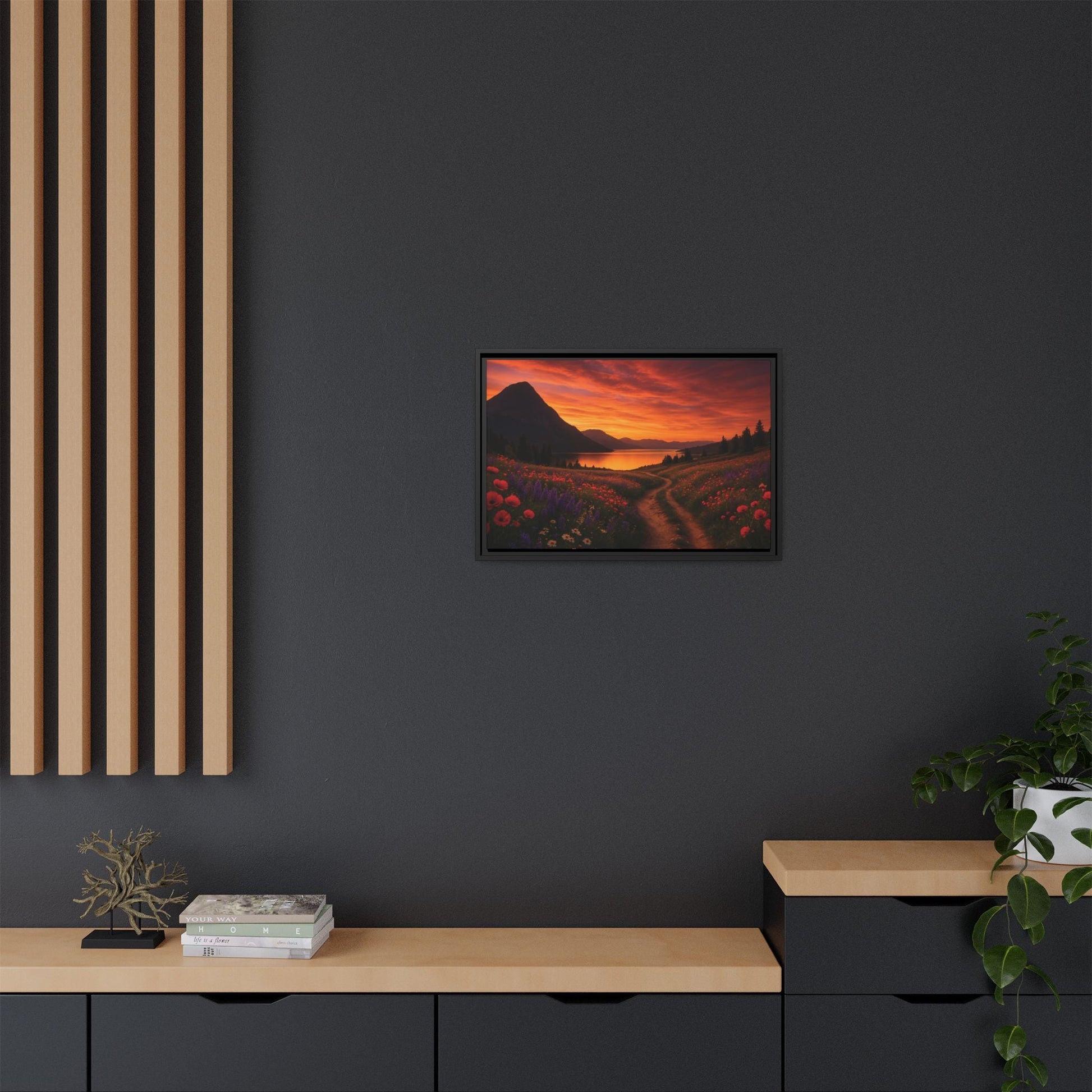 Canvas Sunset Wildflower Bend Matte Canvas, Pinewood Framed - Vibrant Styles