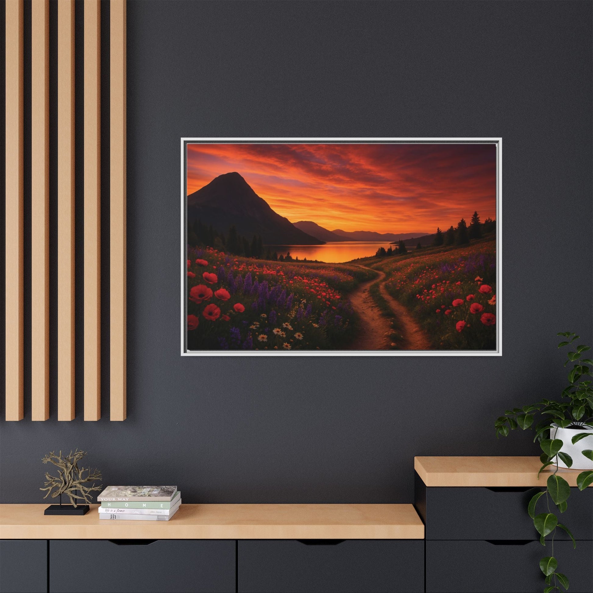 Canvas Sunset Wildflower Bend Matte Canvas, Pinewood Framed - Vibrant Styles
