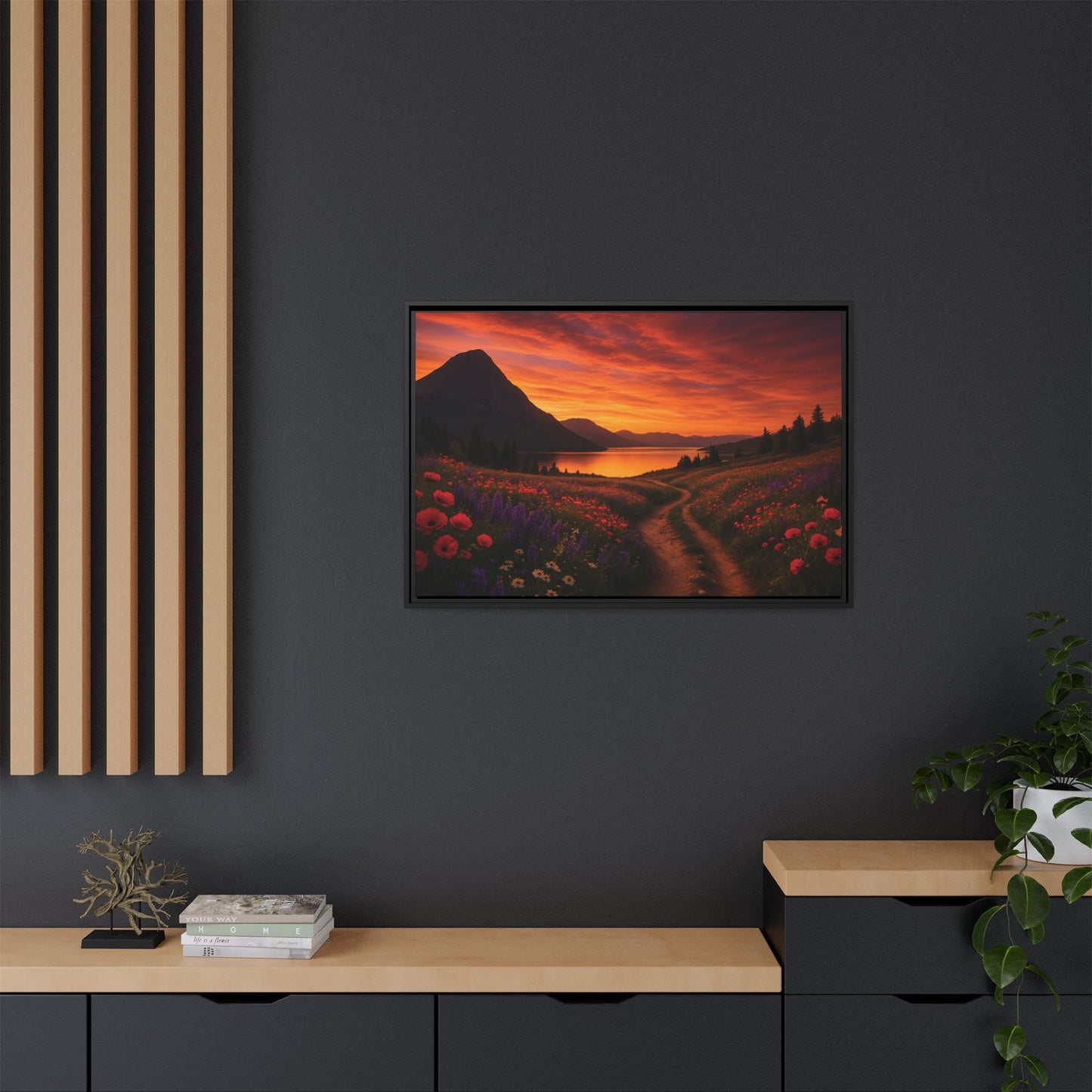 Canvas Sunset Wildflower Bend Matte Canvas, Pinewood Framed - Vibrant Styles