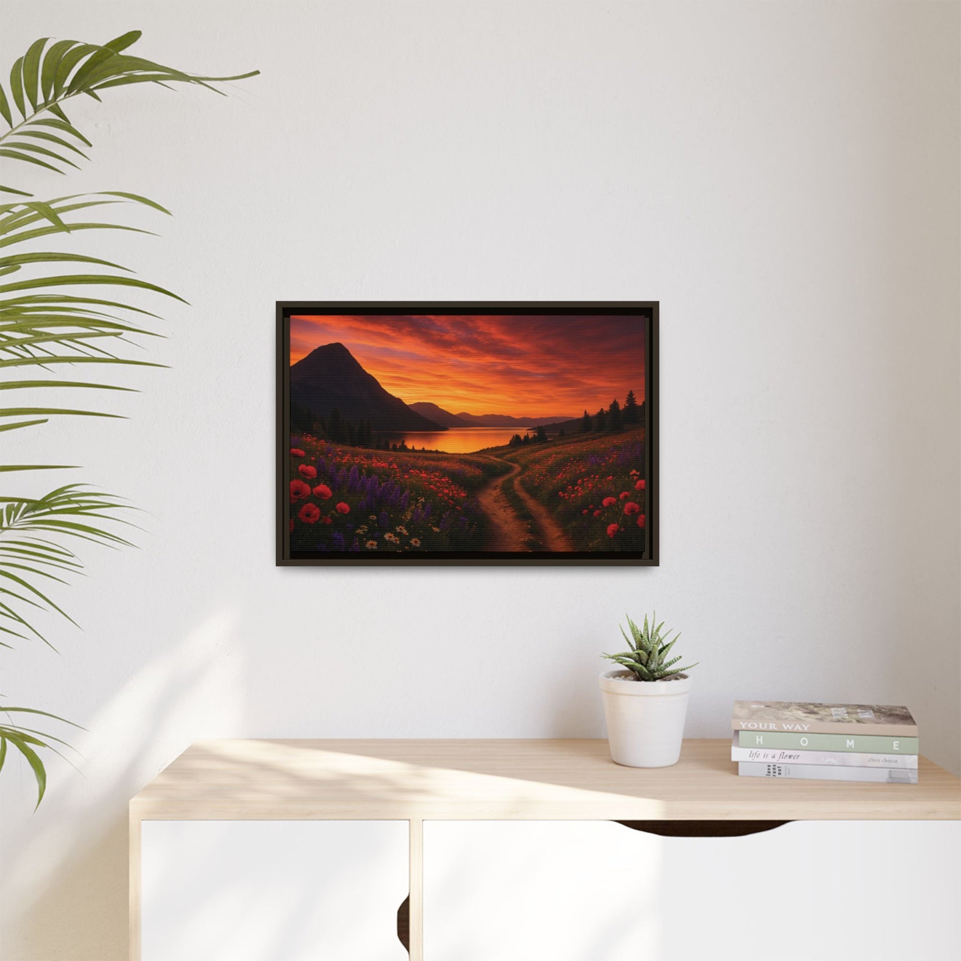 Canvas Sunset Wildflower Bend Matte Canvas, Pinewood Framed - Vibrant Styles