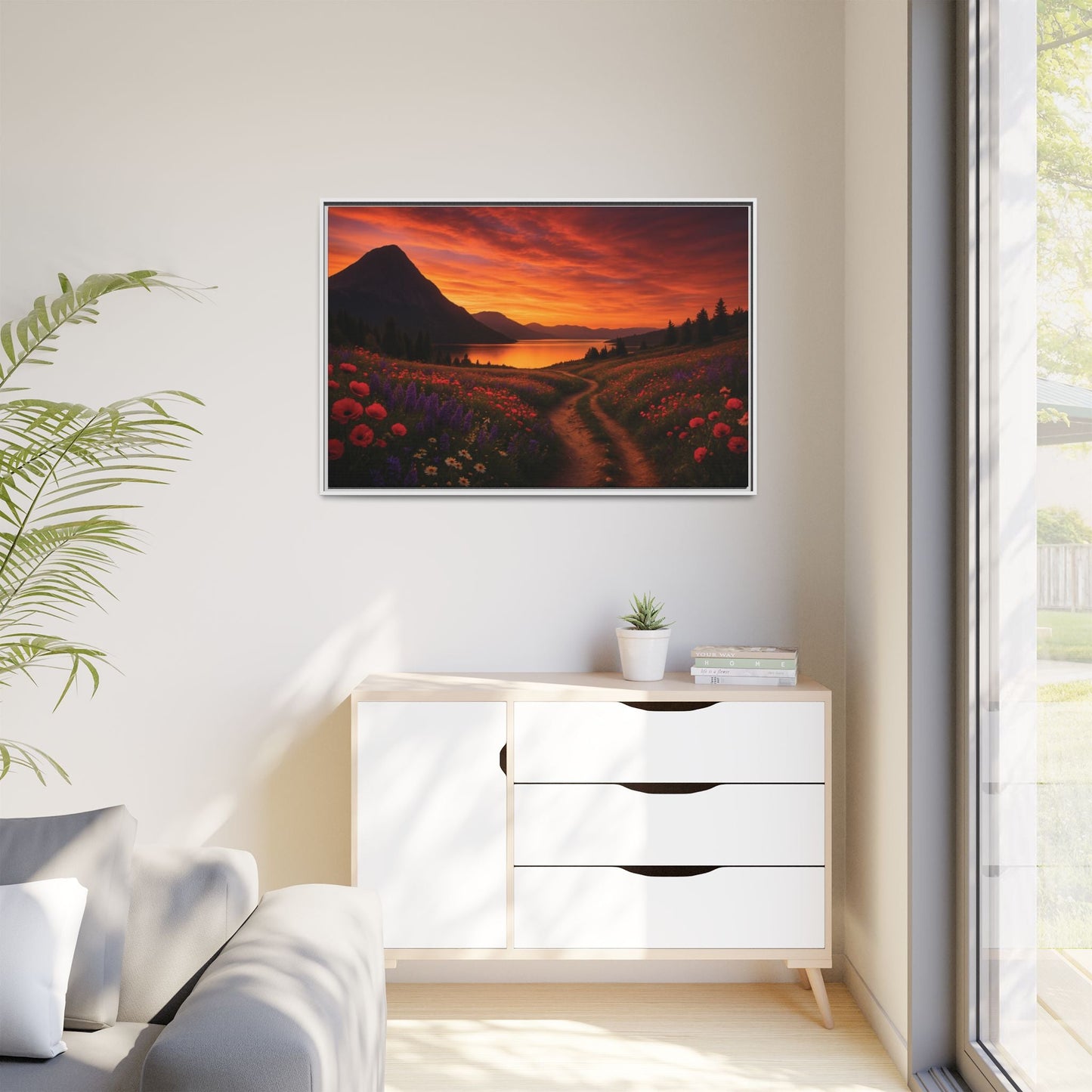 Canvas Sunset Wildflower Bend Matte Canvas, Pinewood Framed - Vibrant Styles