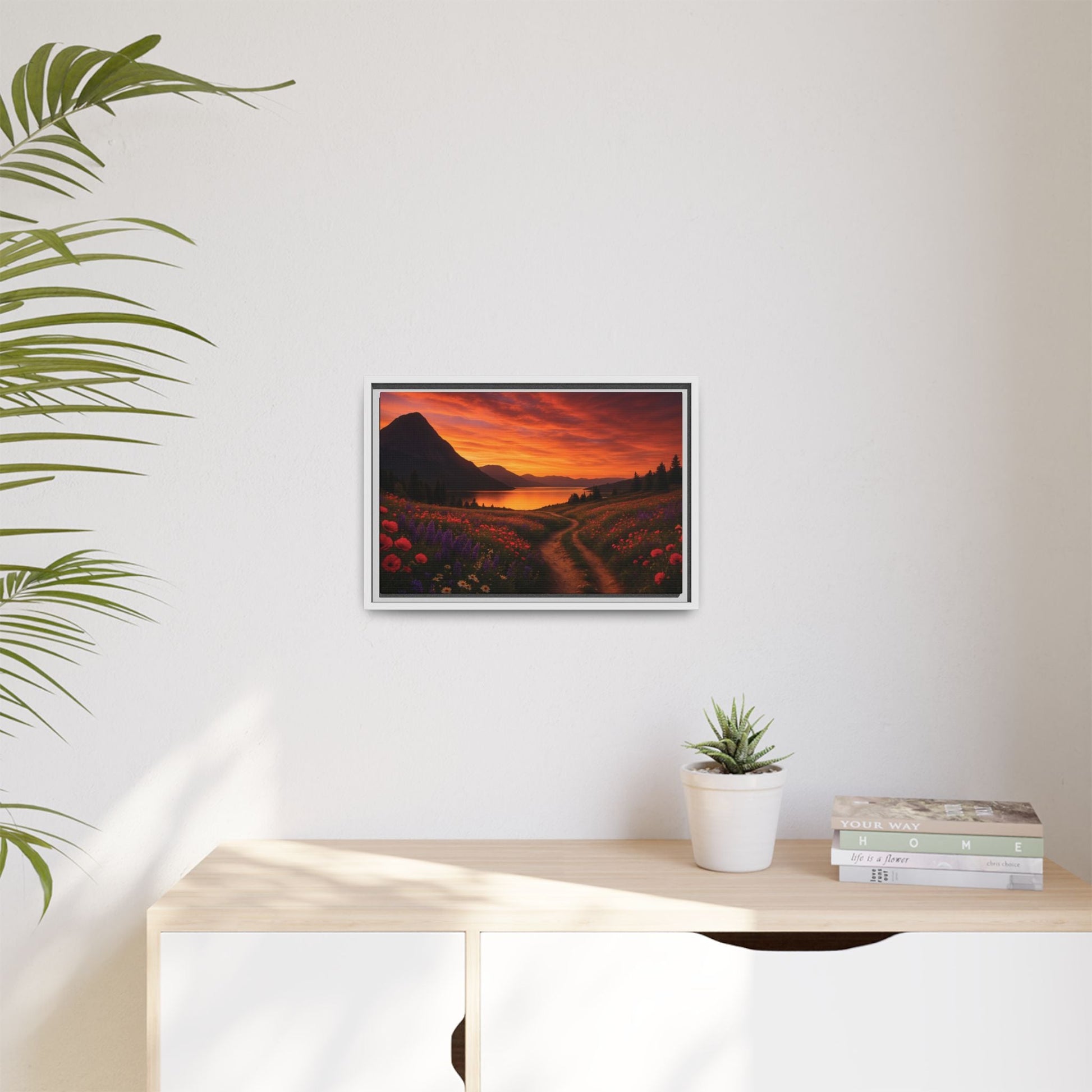 Canvas Sunset Wildflower Bend Matte Canvas, Pinewood Framed - Vibrant Styles