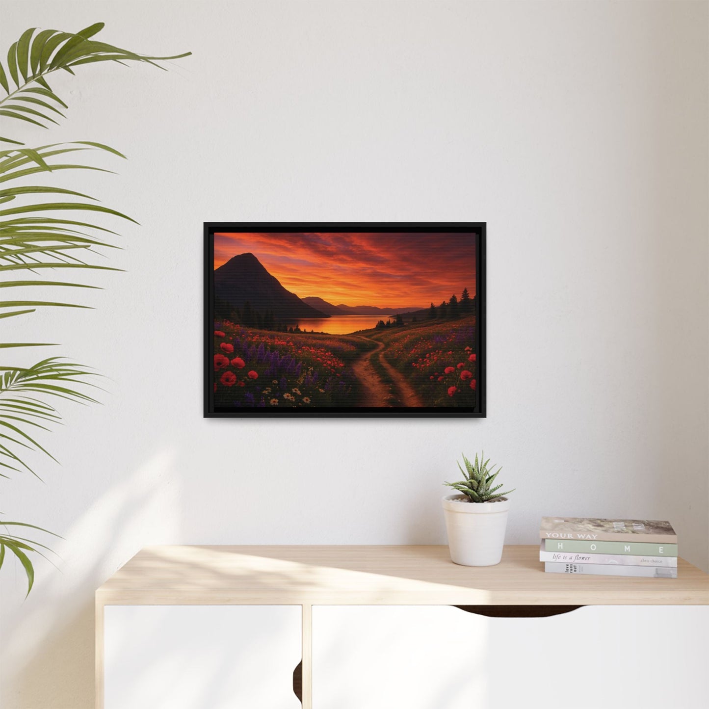 Canvas Sunset Wildflower Bend Matte Canvas, Pinewood Framed - Vibrant Styles