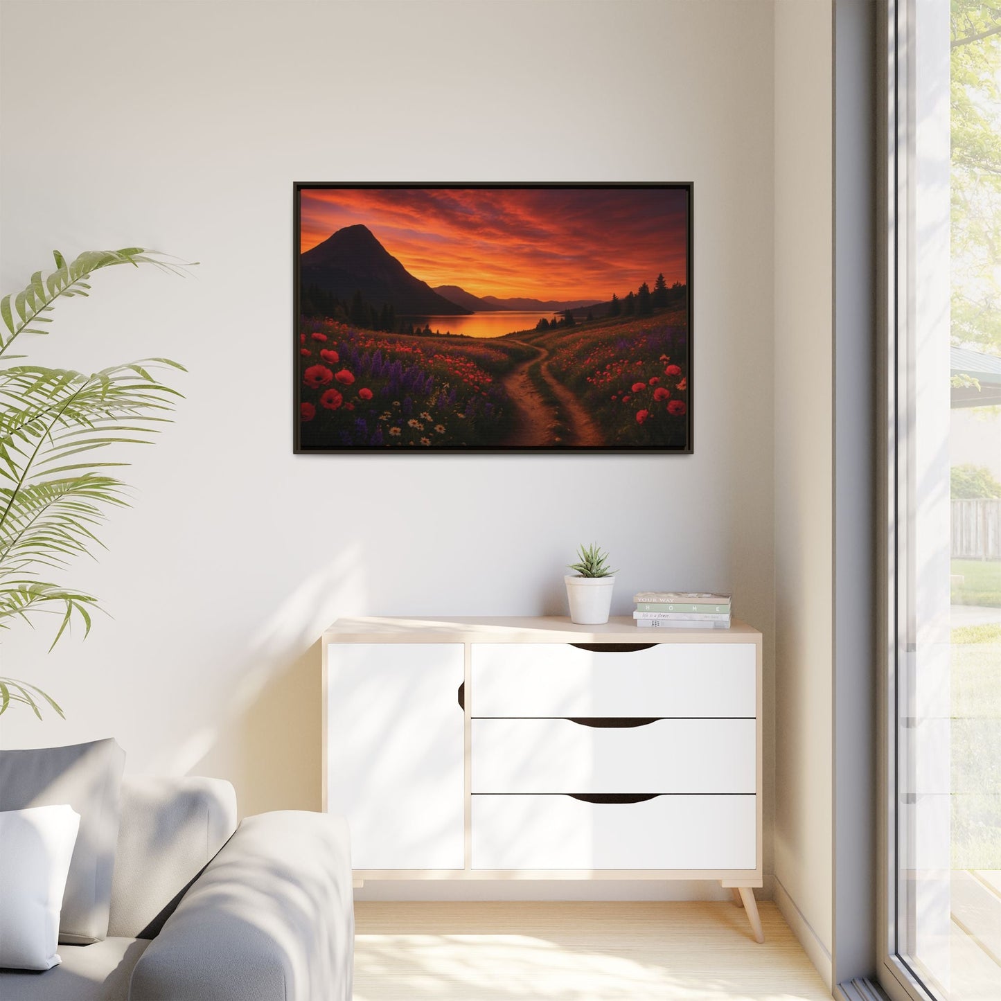 Canvas Sunset Wildflower Bend Matte Canvas, Pinewood Framed - Vibrant Styles