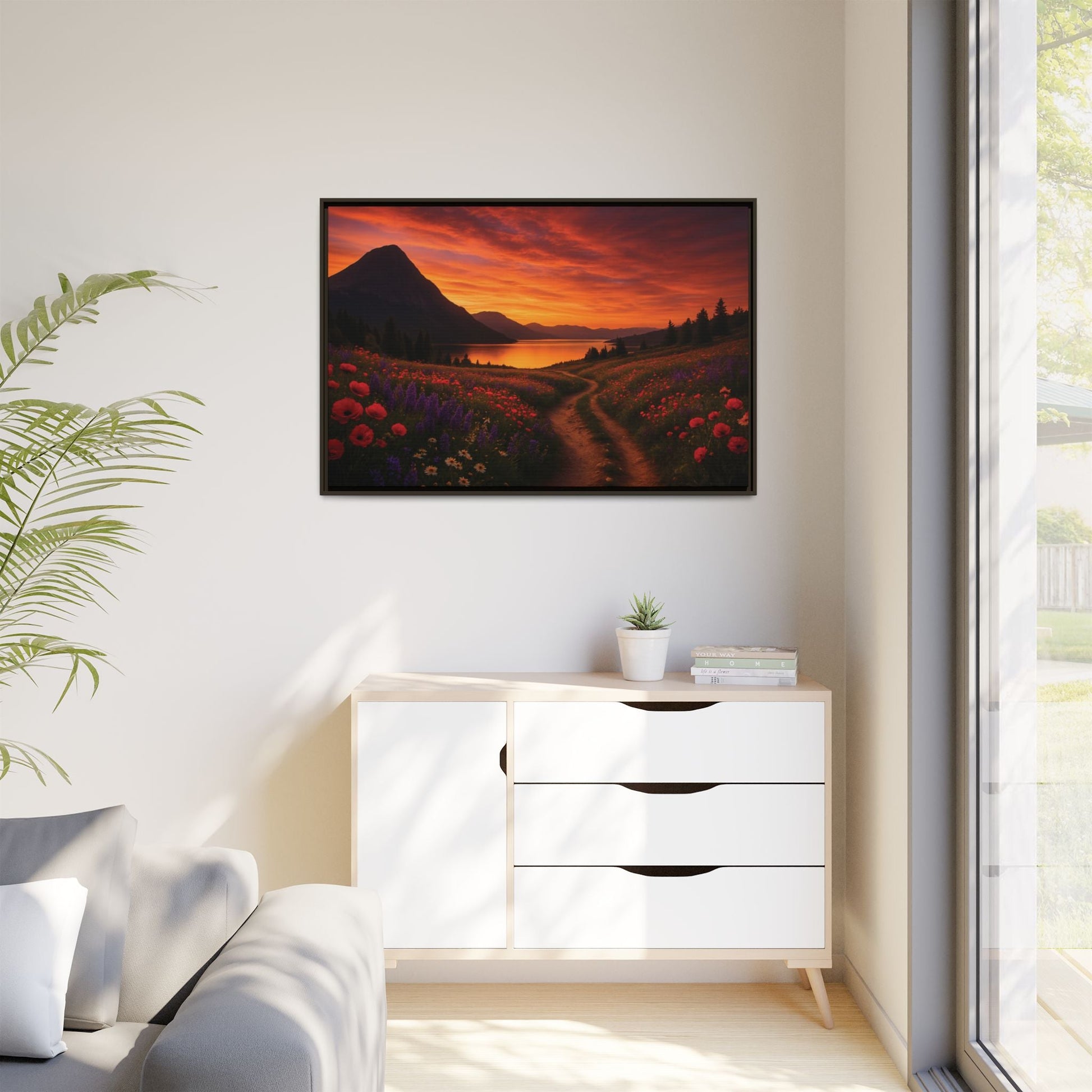 Canvas Sunset Wildflower Bend Matte Canvas, Pinewood Framed - Vibrant Styles