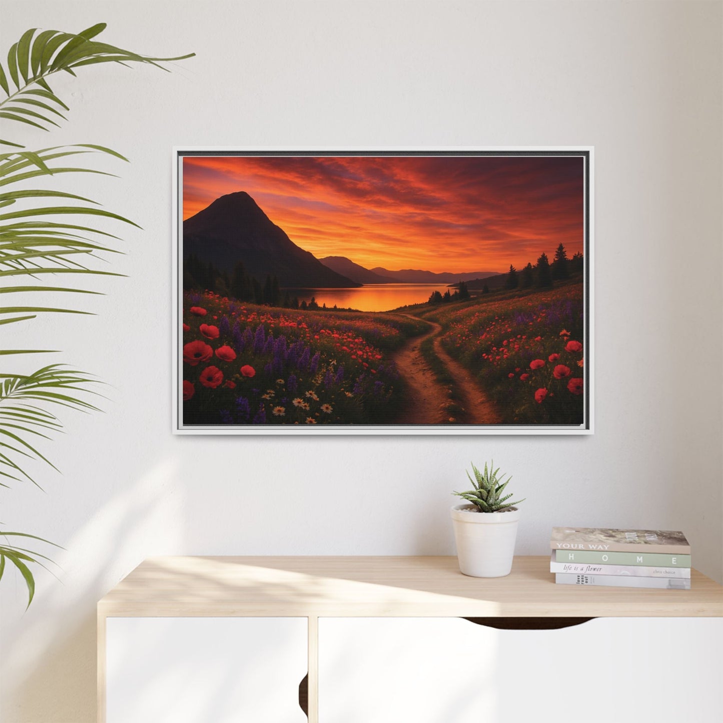 Canvas Sunset Wildflower Bend Matte Canvas, Pinewood Framed - Vibrant Styles