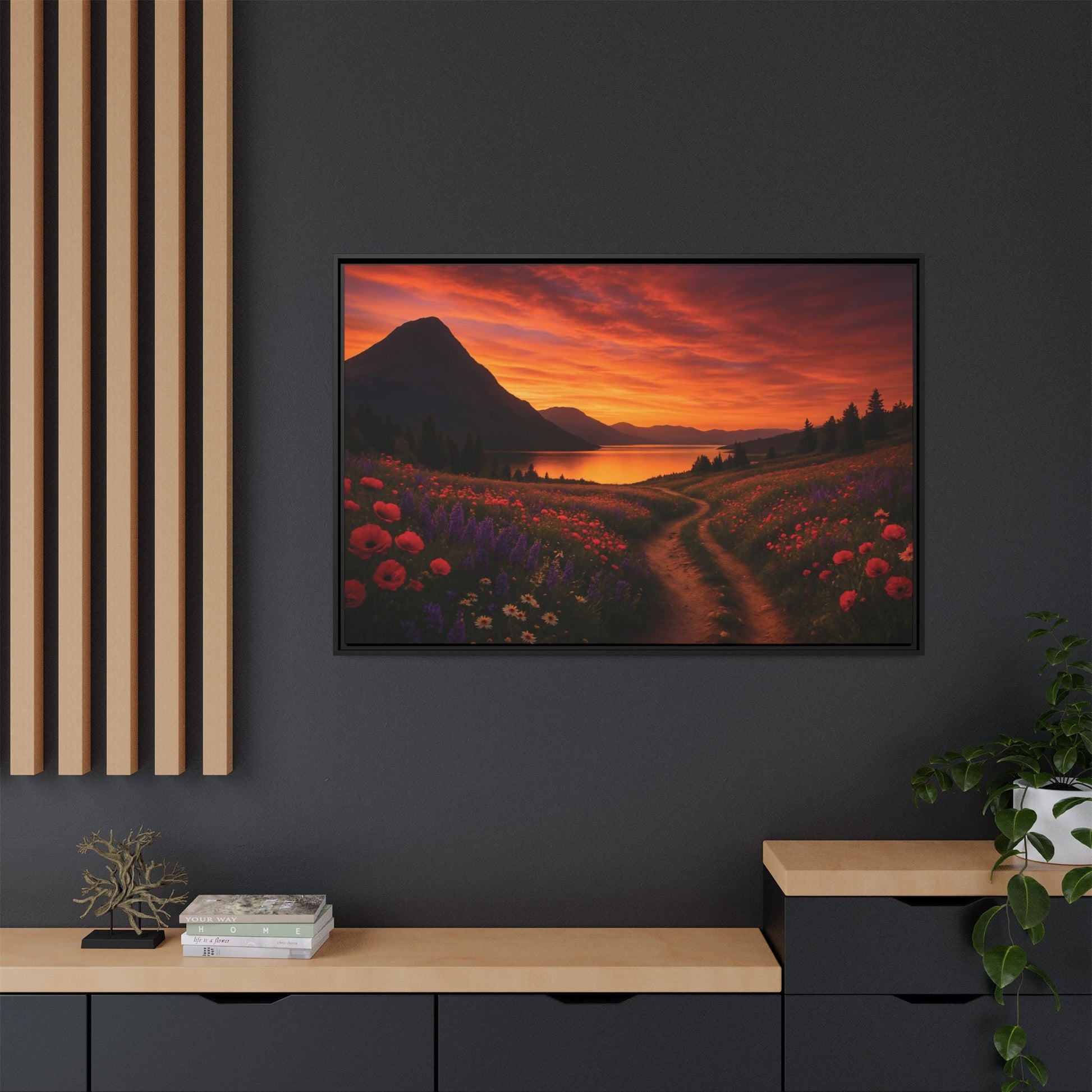 Canvas Sunset Wildflower Bend Matte Canvas, Pinewood Framed - Vibrant Styles