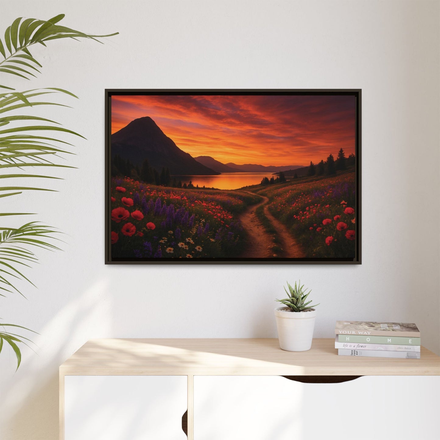 Canvas Sunset Wildflower Bend Matte Canvas, Pinewood Framed - Vibrant Styles