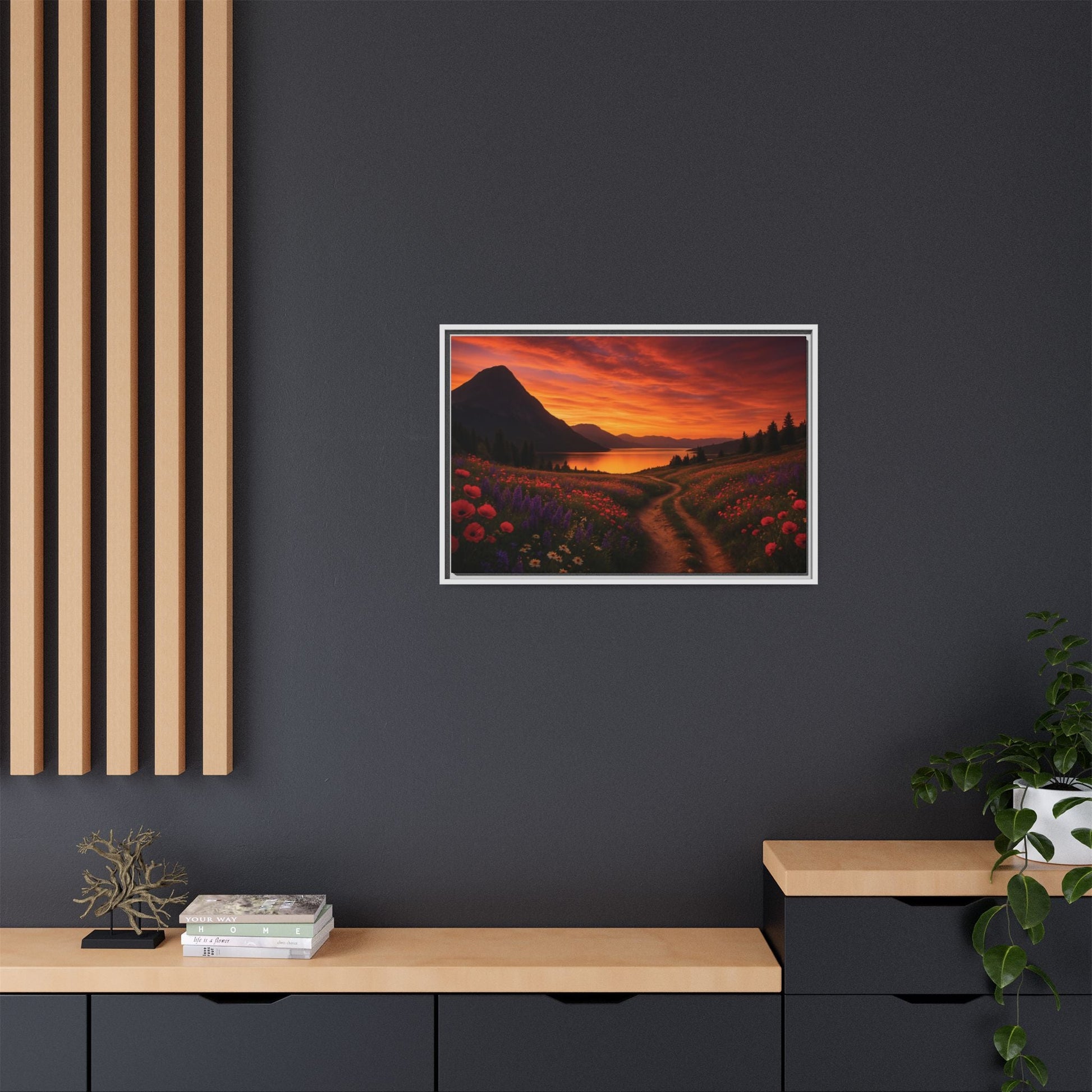 Canvas Sunset Wildflower Bend Matte Canvas, Pinewood Framed - Vibrant Styles