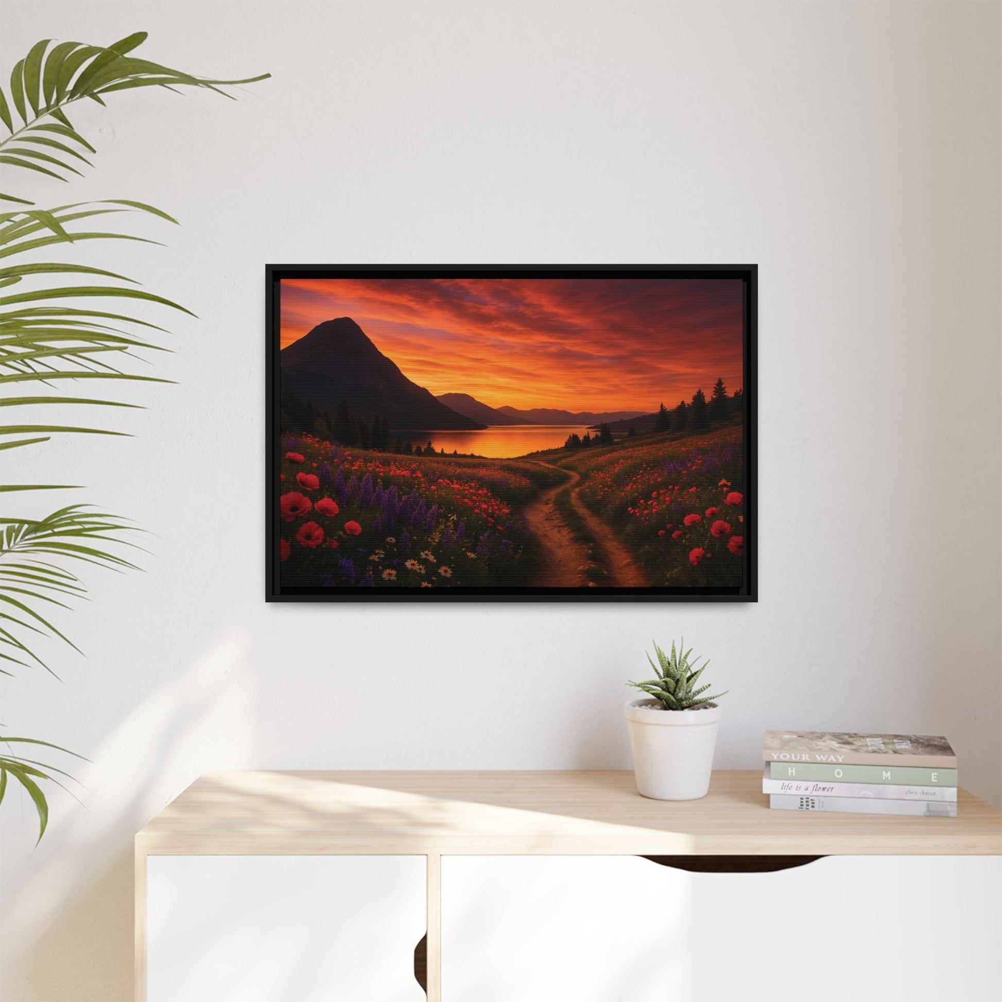 Canvas Sunset Wildflower Bend Matte Canvas, Pinewood Framed - Vibrant Styles