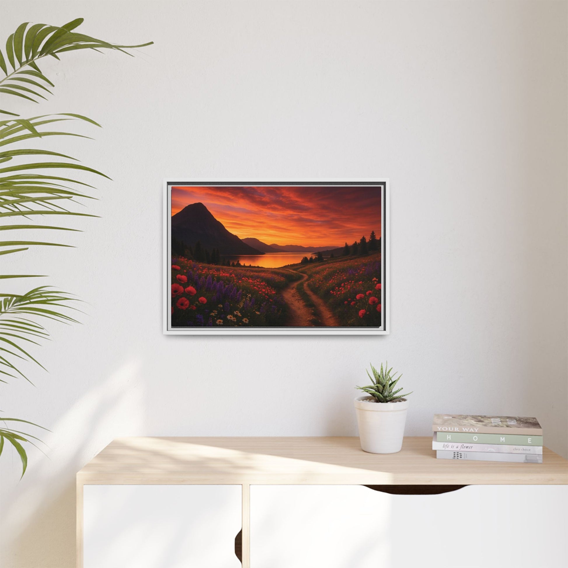 Canvas Sunset Wildflower Bend Matte Canvas, Pinewood Framed - Vibrant Styles