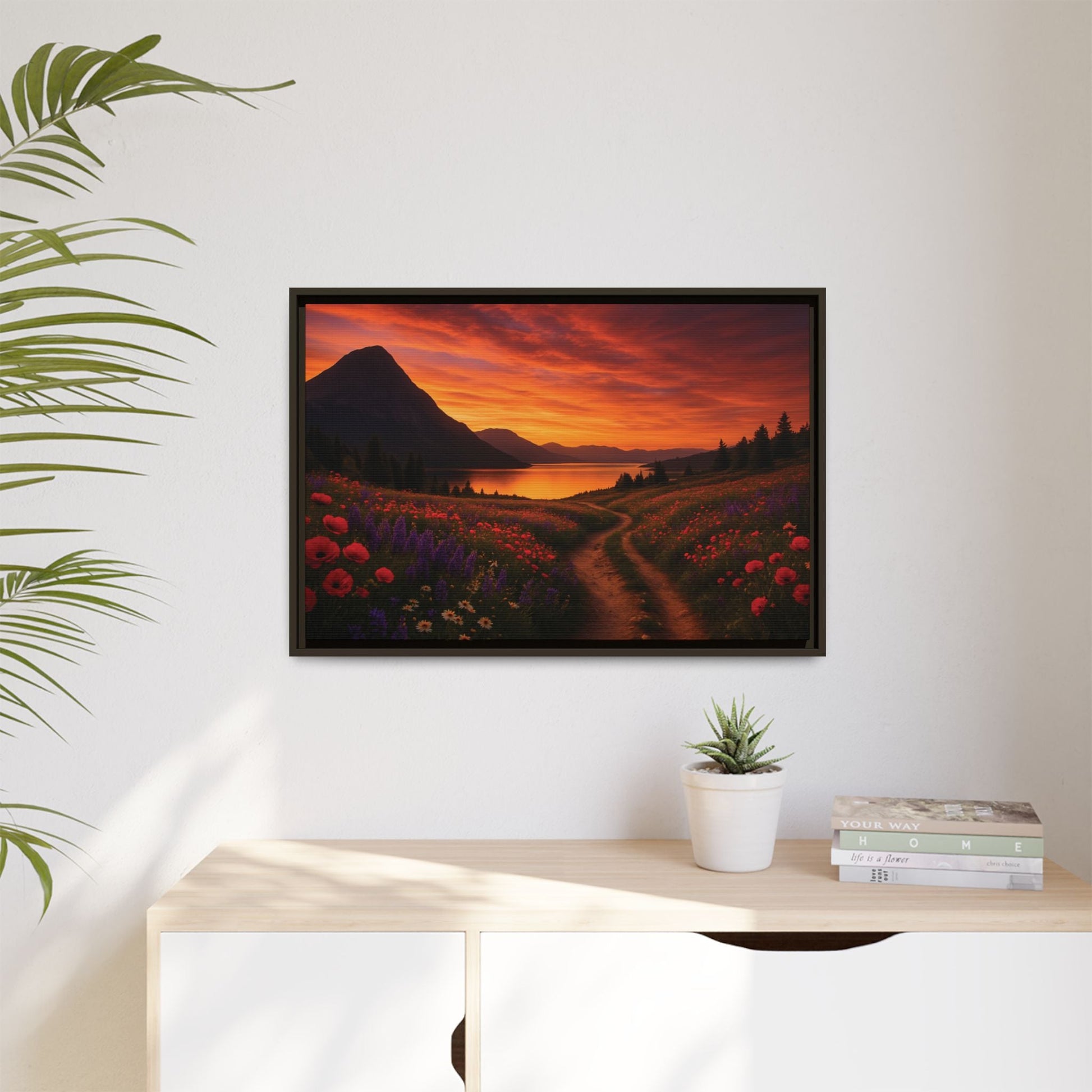 Canvas Sunset Wildflower Bend Matte Canvas, Pinewood Framed - Vibrant Styles