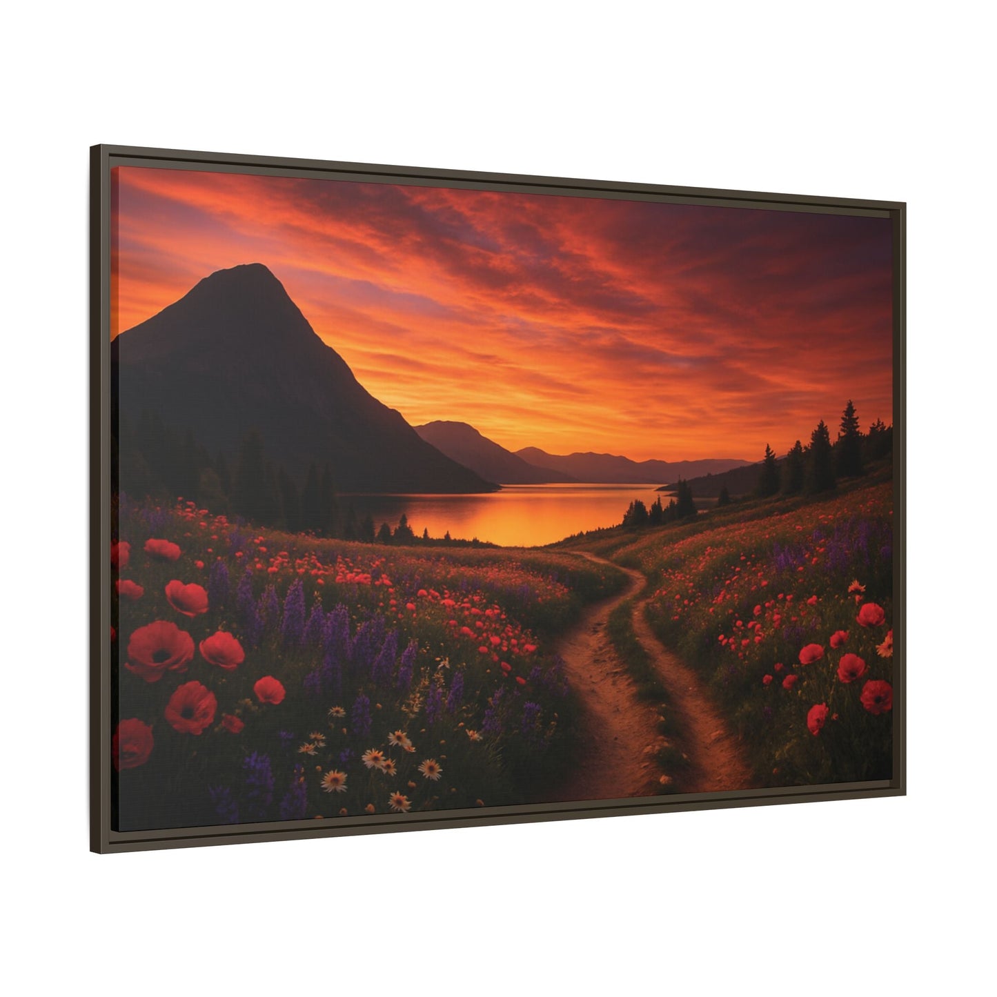 Canvas Sunset Wildflower Bend Matte Canvas, Pinewood Framed - Vibrant Styles