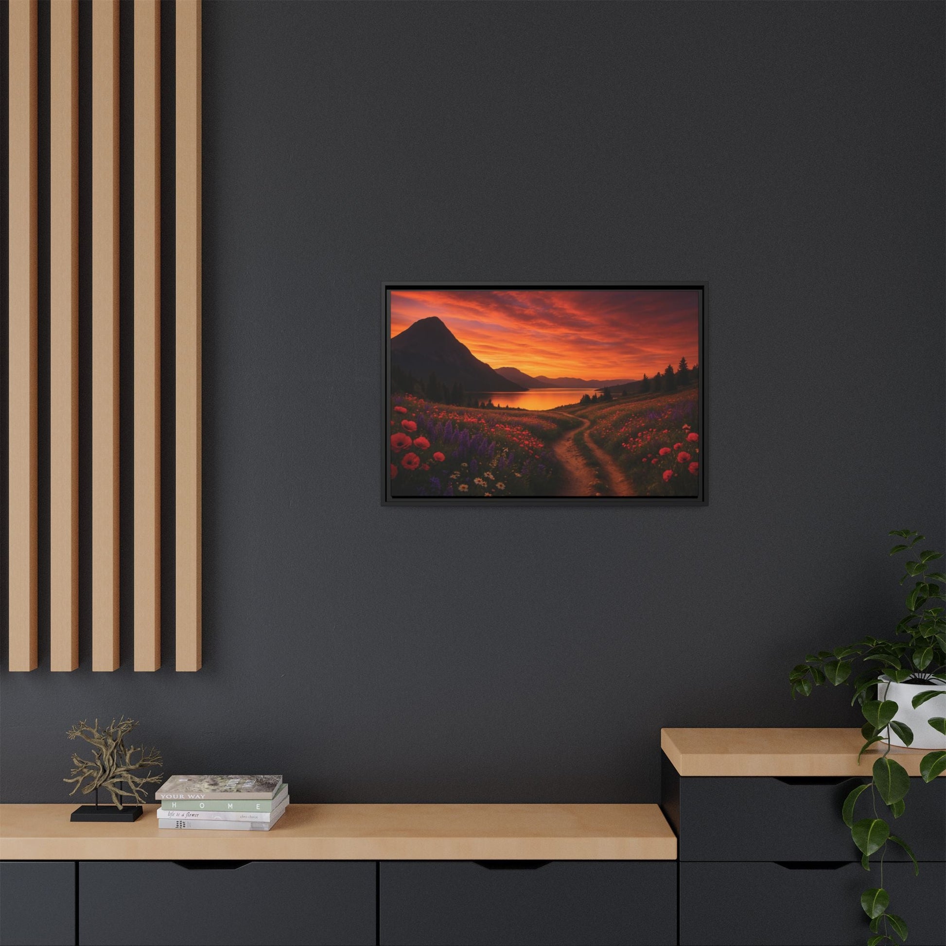 Canvas Sunset Wildflower Bend Matte Canvas, Pinewood Framed - Vibrant Styles