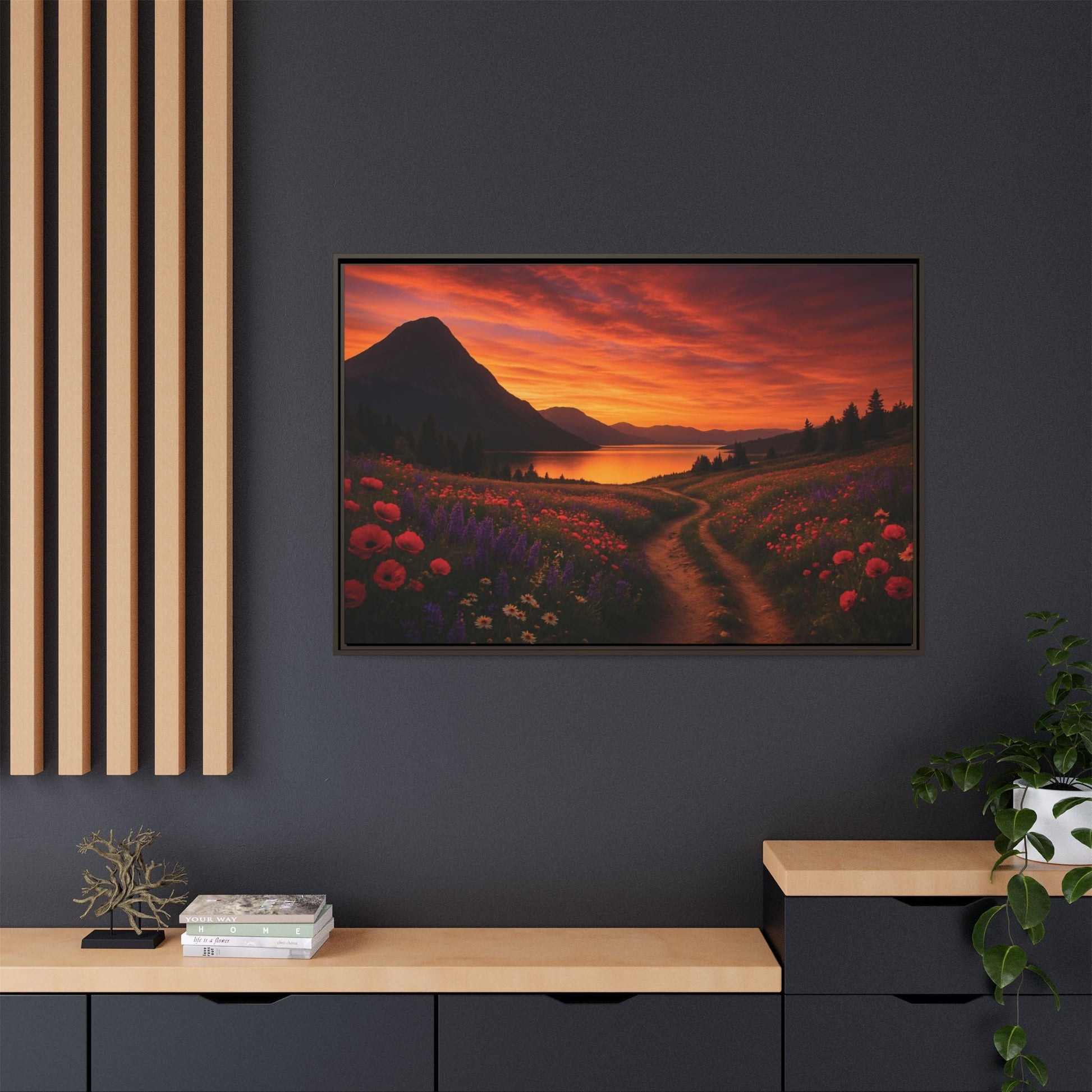 Canvas Sunset Wildflower Bend Matte Canvas, Pinewood Framed - Vibrant Styles