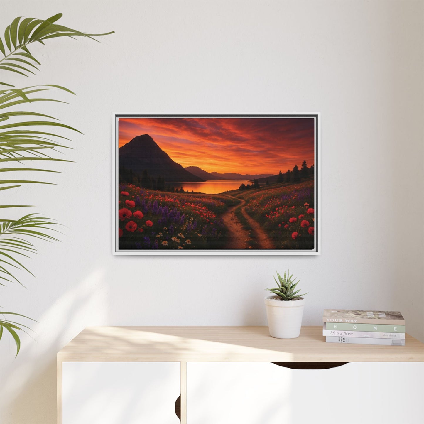 Canvas Sunset Wildflower Bend Matte Canvas, Pinewood Framed - Vibrant Styles